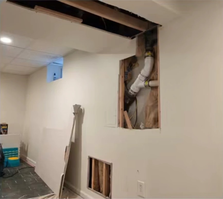 Before basement ceiling repaint: open ceiling and wall cutouts around ductwork